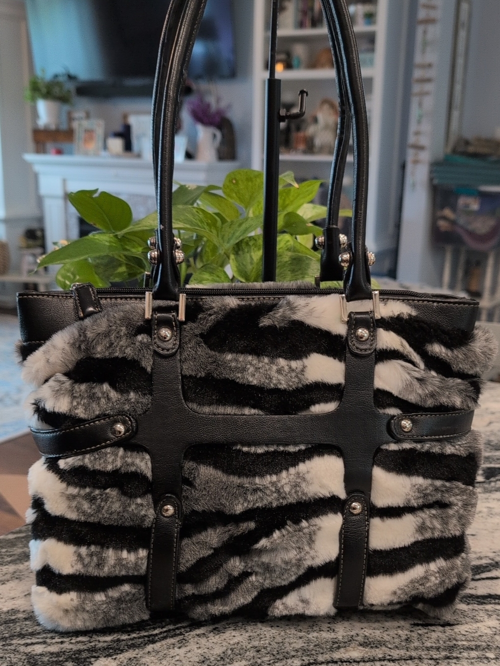 Faux Fur Zebra-Print Tote Bag - Black & White